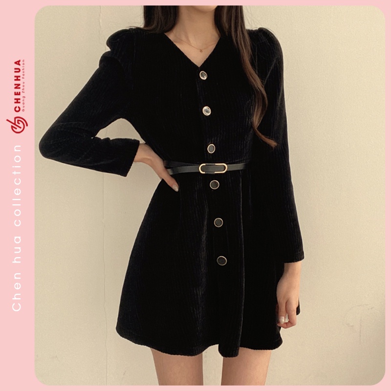 Váy nhung tăm dài tay ChenHua đầm len QC đẹp VT29