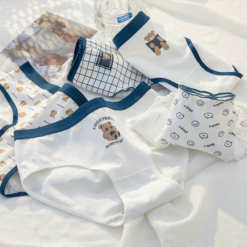 Quần Lót Cotton Phối Hình Gấu Dễ Thương Tông Trắng Xanh mã125