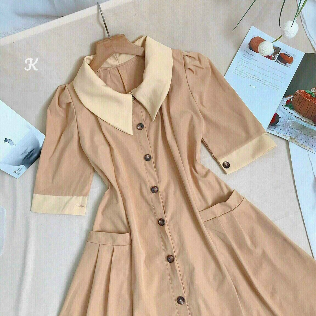 [11.11 Sale Freeship] Đầm thời trang nữ,đầm nữ công sở tay ngắn cài khuy cổ bẻ may túi hai bên dáng xoè thanh lịch mtb