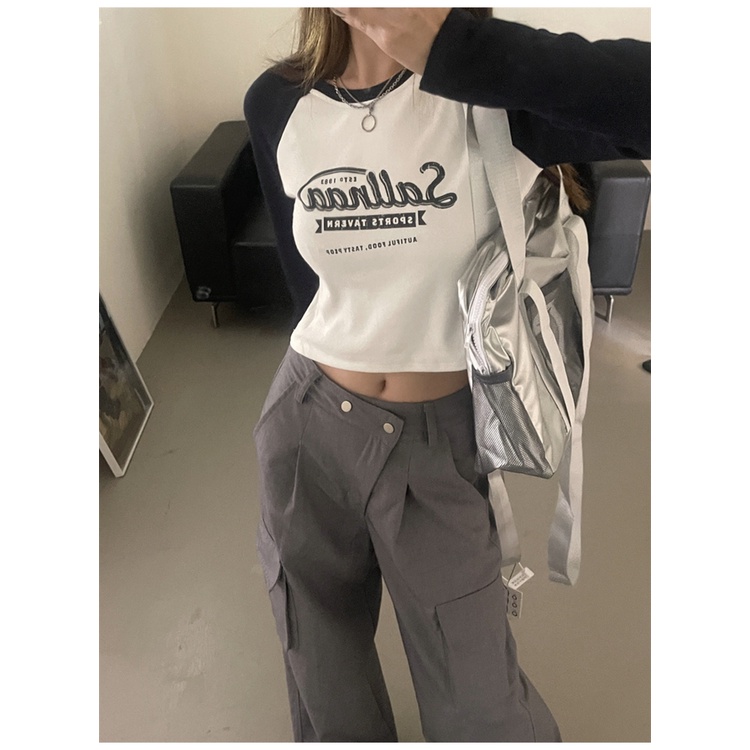 Áo Thun Tay Dài Dáng Ôm In Chữ Phối Màu Tương Phản Thời Trang Mùa Thu Mới Cho Nữ