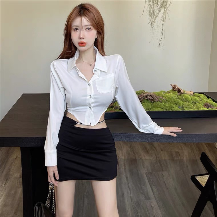 Áo sơ mi croptop dài tay HAGA áo sơ mi vạt nhọn SMVN23