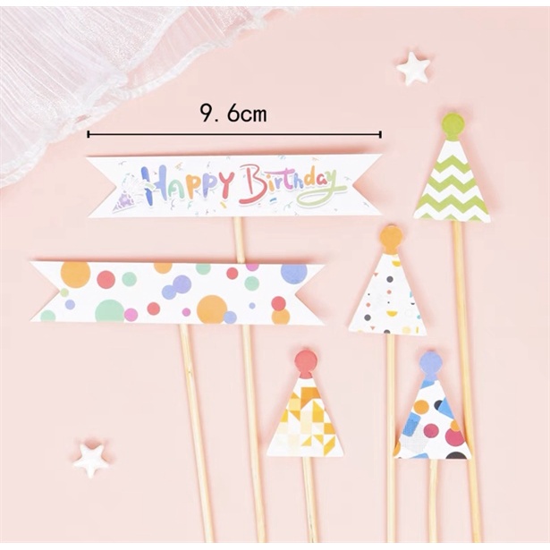 Set 6 que cắm giấy HPBD + mũ chấm bi