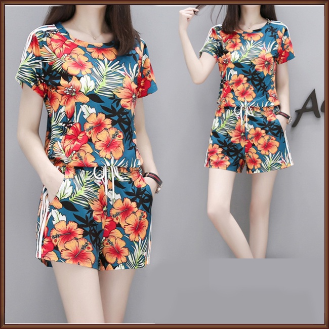 Bộ Trang Phục 2 Mảnh Gồm Áo Tay Cộc Cổ Tròn In Họa Tiết + Quần ngắn ống rộng Cho Nữ