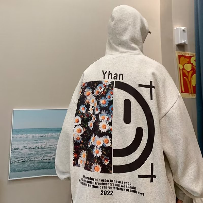Áo Hoodie Tay Dài Dáng Rộng In Họa Tiết Hoa Cúc Mặt Cười Phong Cách Hip hop Thời Trang Cho Nam Size M-3XL