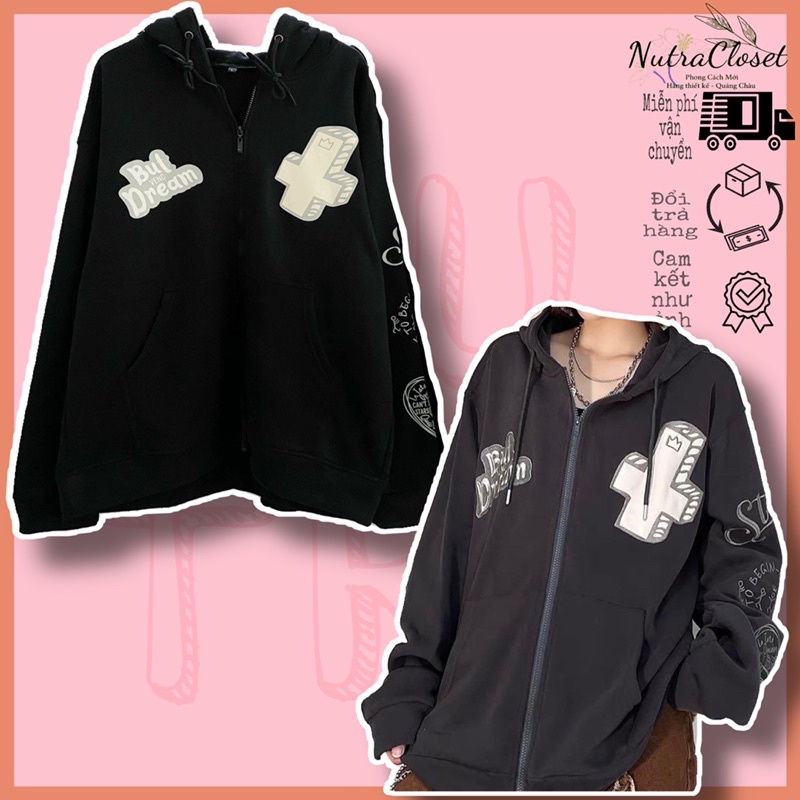 Áo khoác nỉ ngoại dây kéo có nón 2 lớp but dream unisex ulzzang nam nữ