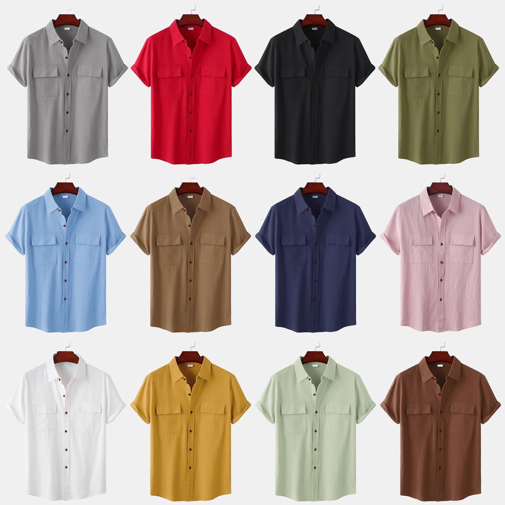 Áo Sơ Mi Cotton Tay Ngắn Cổ Vuông Màu Trơn Phối Hai Túi Màu Trơn / Kaki / Xanh Dương / Đỏ / Xám / Xanh Lá / Hồng / Xanh Navy Cho Nam