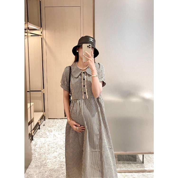 Váy đầm bầu kẻ caro sơmi thiết kế cho mẹ bầu công sở, dự tiệc phong cách trẻ trung lịch sự mới mùa hè.
