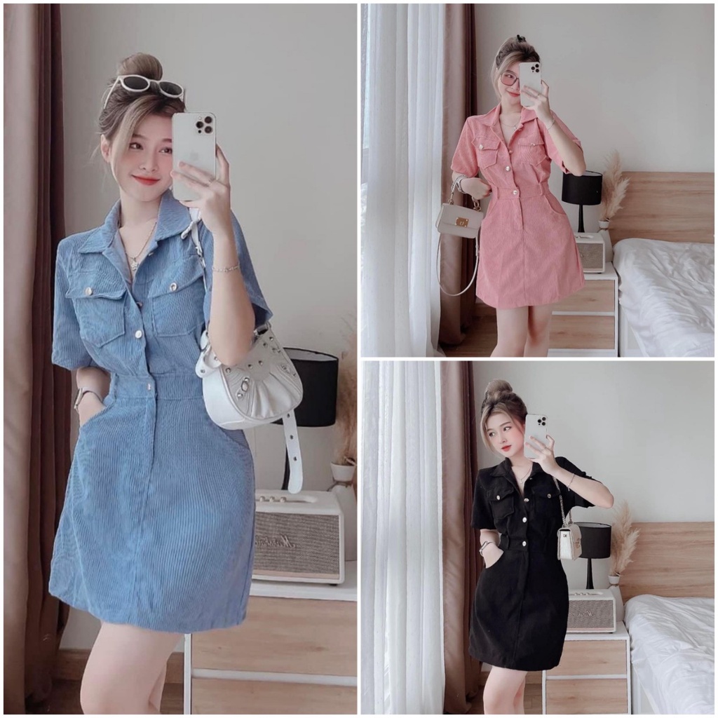 Váy suông sơ mi túi hộp dáng ngắn vải nhung tăm, đầm nhung cộc tay đính khuy