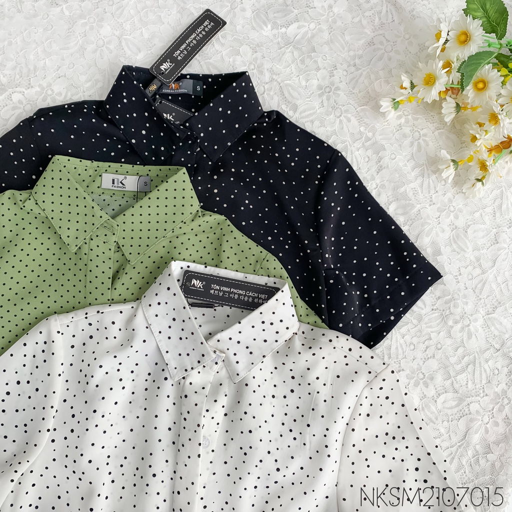 Áo Sơ Mi Nữ UK Fashion Cổ Đức Chấm Bi Cộc Tay Trẻ Trung Thanh Lịch Dáng Ôm Body Chất Vải Hàn Cao Cấp Mềm Mịn NKSM2107015