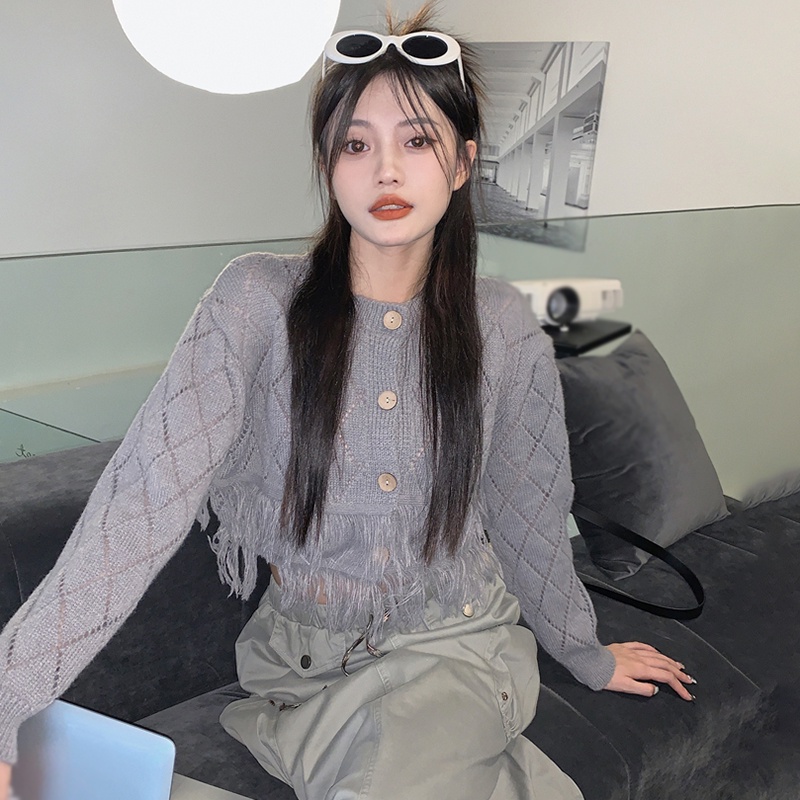 Áo Khoác Cardigan Dệt Kim Phối Tua Rua Thời Trang Hàn Quốc Cho Nữ