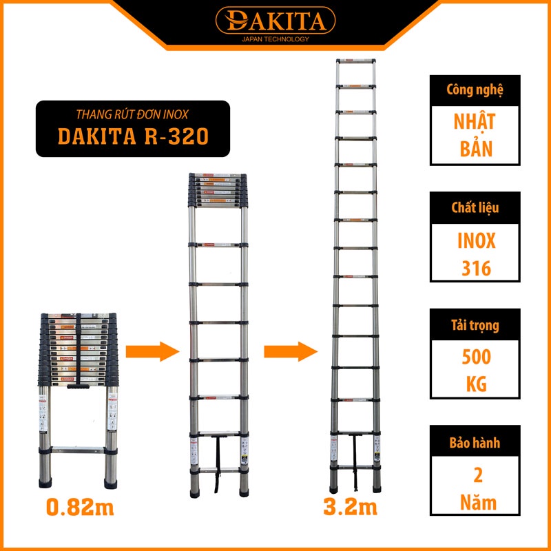 Thang Nhôm Rút Inox DAKITA Nhật Bản R-320 Siêu Dày Cứng, An Toàn Giá Gốc Tại Kho