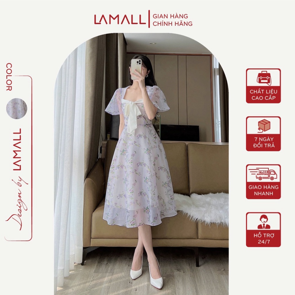 Váy Thiết Kế Tiểu Thư LAMALL Sang Chảnh Phong Cách Nhẹ Nhàng, Nữ Tính, Chất Liệu Tơ Óng, Hoạ Tiết Hoa Tím Nữ Tính - V05
