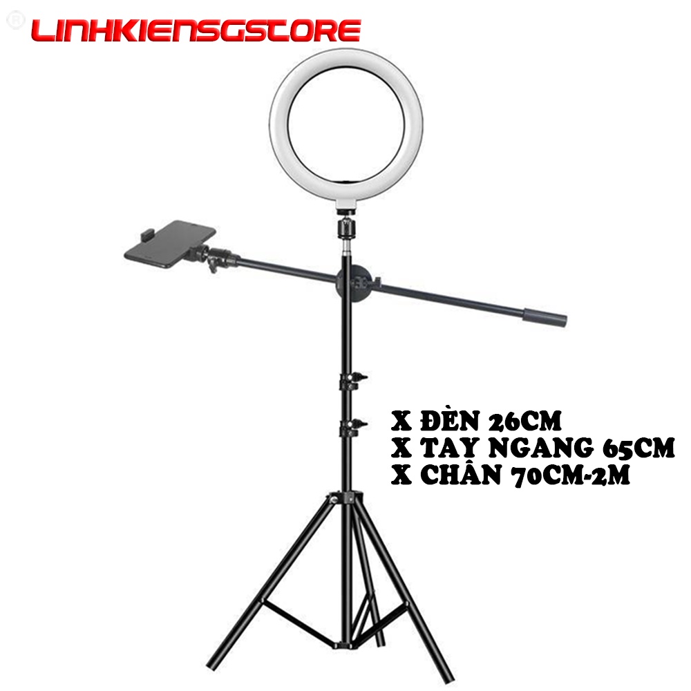 Combo đèn 26cm chân 2 mét kèm tay ngang treo điện thoại chụp ảnh sản phẩm ,review , chụp đồ ăn