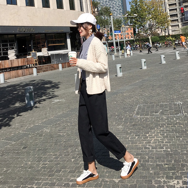 IELGY Quần denim off white Lưng Cao Phong Cách Hàn Quốc Cho Nữ