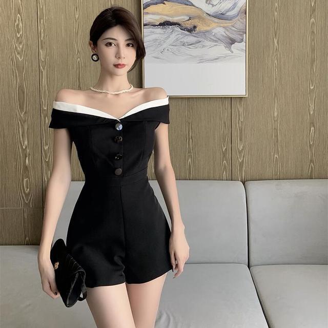 Jumpsuit Một Hàng Nút Cài Một Bên Vai Màu Sắc Tương Phản Phong Cách Pháp Cổ Điển Thời Trang Mùa Hè Hàng Mới Dành Cho Bạn Nữ