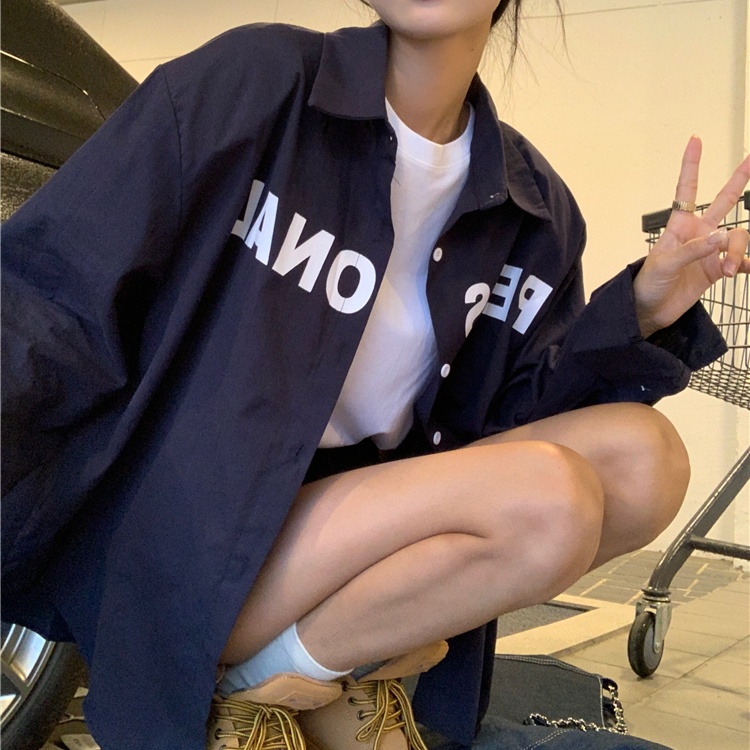 Áo sơ mi SUXI tay dài dáng rộng in chữ trẻ trung phong cách Hàn Quốc cho bạn gái