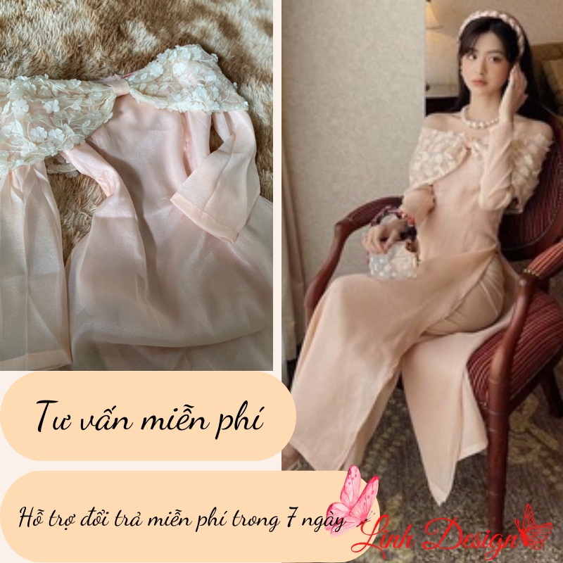 Áo dài cách tân trên vai kết hợp đính hoa điểm nơ đơn giản nhẹ nhàng tiểu thư sang chảnh