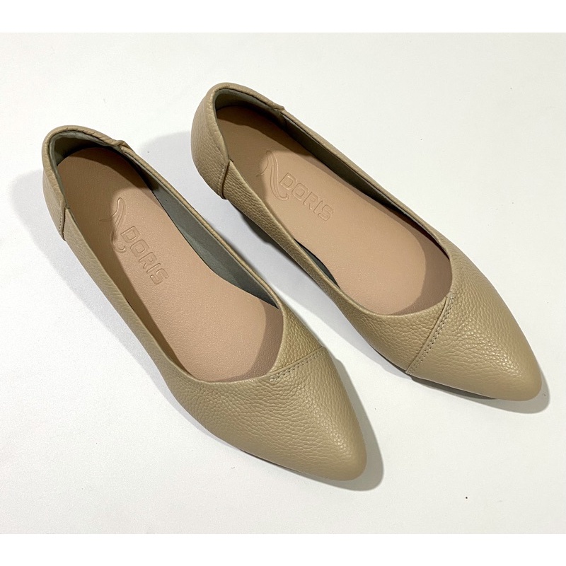 Giày búp bê đế xuồng 5cm DORIS DR504- da thật SIÊU BỀN mũi nhọn trơn màu đen- FORM NHỎ- CÓ BẢO HÀNH.