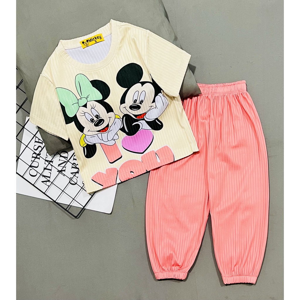 Bộ tay ngắn quần dài alibaba Thun lạnh 3D gân Thái Mickey Size nhí 10-22kg-Pikakids
