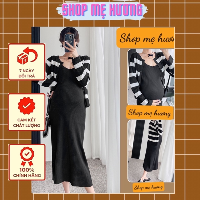 Đầm bầu set hai dây kẻ ngang dáng maxi mix áo khoác cardigan dài tay, váy len 2 dây khoác cadigan dưới 70kg [MẪU H018]