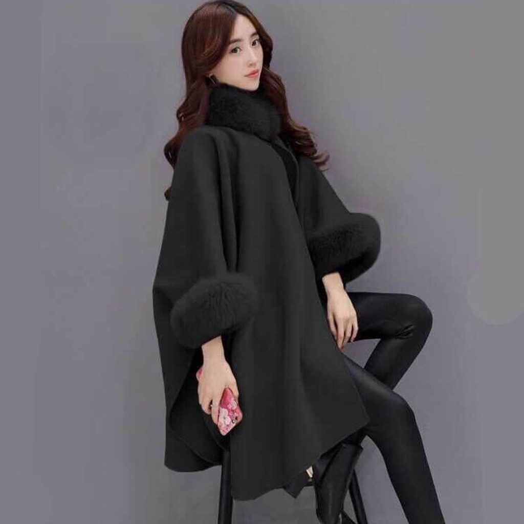 Áo Choàng Poncho Giả Lông Thú Màu Sắc Trơn Giữ Ấm Mùa Thu Đông Cho Nữ