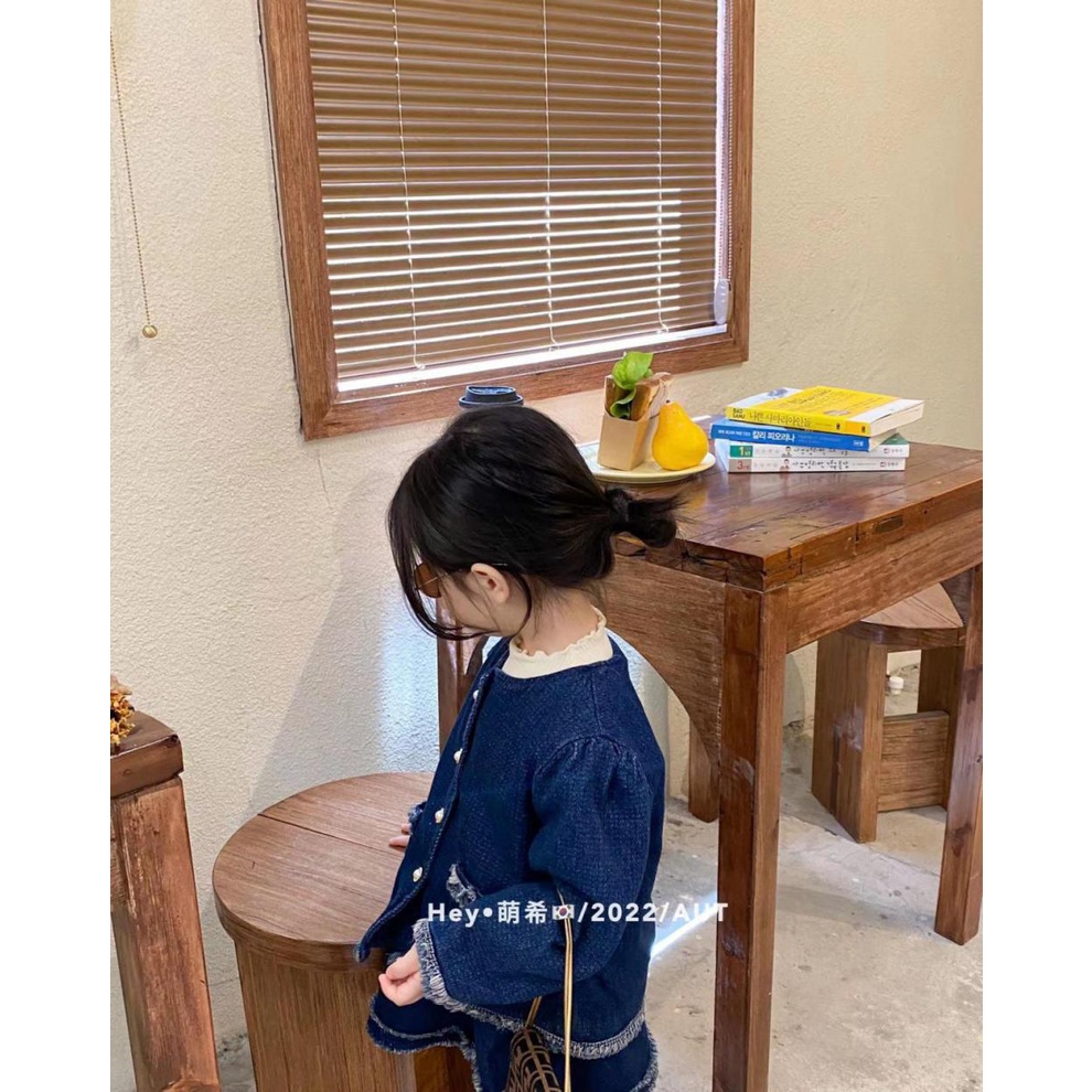 Bộ Áo Khoác Denim Phối Chân Váy Tua Rua Thời Trang Mùa Thu Cho Bé Gái