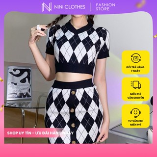 Set bộ váy len, set đầm body Caro dáng croptop phong cách Hàn Quốc NiNi Clothes