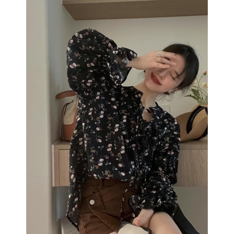 Áo Sơ Mi Nữ Tay Dài Cổ Chữ V Dáng Rộng In Hoa Màu Đen Kiểu Hàn Quốc Thời Trang Mùa Thu