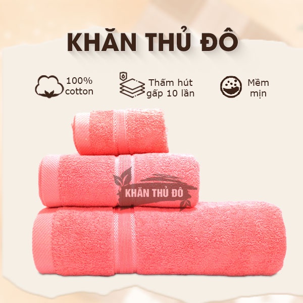 Combo 3 khăn tắm gội gồm các khăn có kích thước 70x140cm; 35x80cm; 30x50cm; với chất liệu sợi bông cao cấp 100% cotton