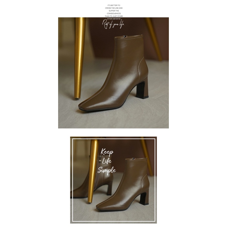 Giày Boot Cao Gót Mũi Vuông Phối Khóa Kéo Thời Trang Sành Điệu