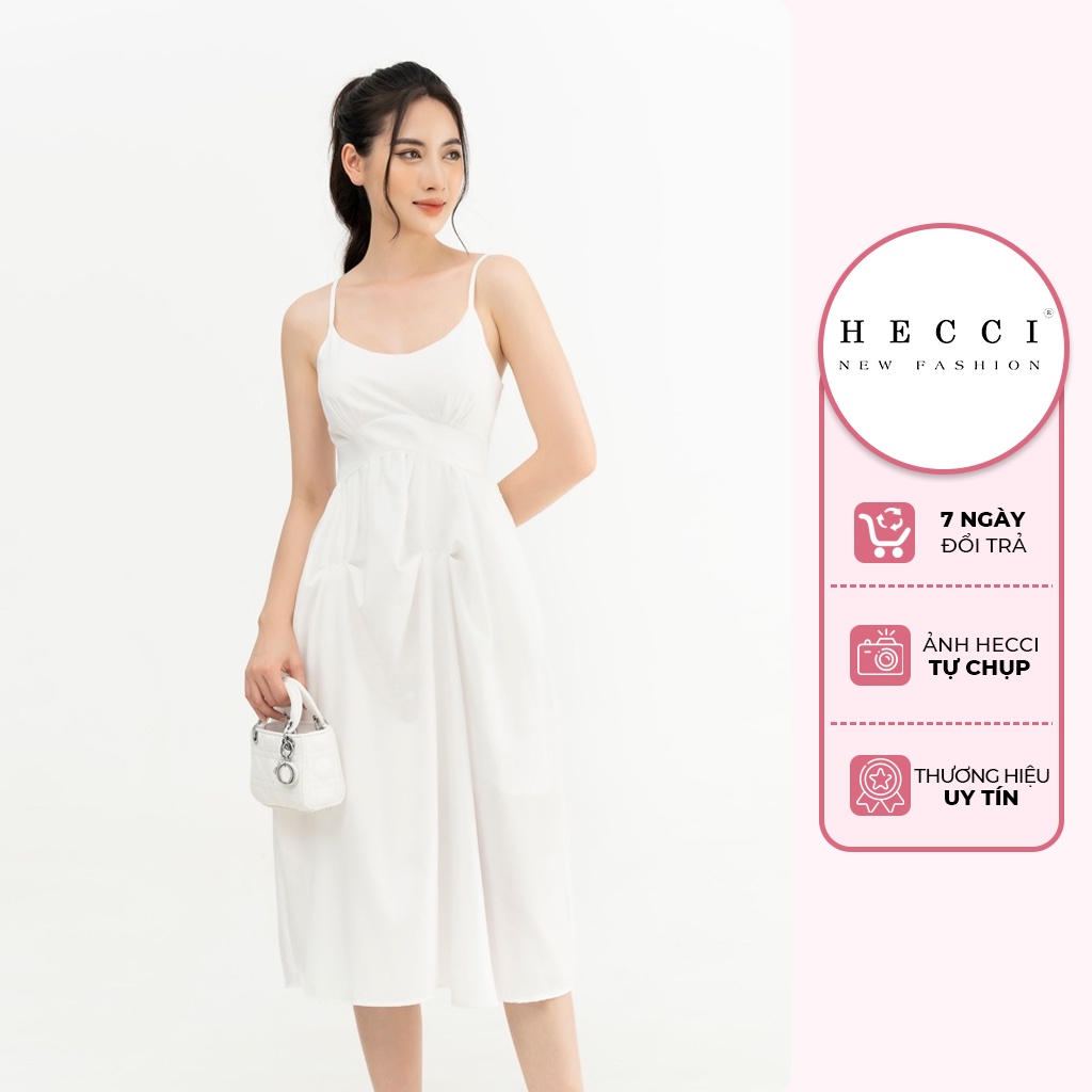 Váy xòe hai dây hở lưng HECCI màu trắng trơn dáng xòe bo eo đơn giản V219