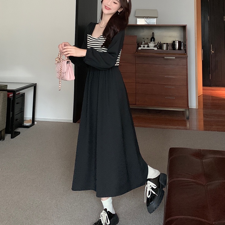 Đầm maxi SUXI dài tay cổ vuông họa tiết kẻ sọc phong cách Hàn Quốc thời trang cho nữ