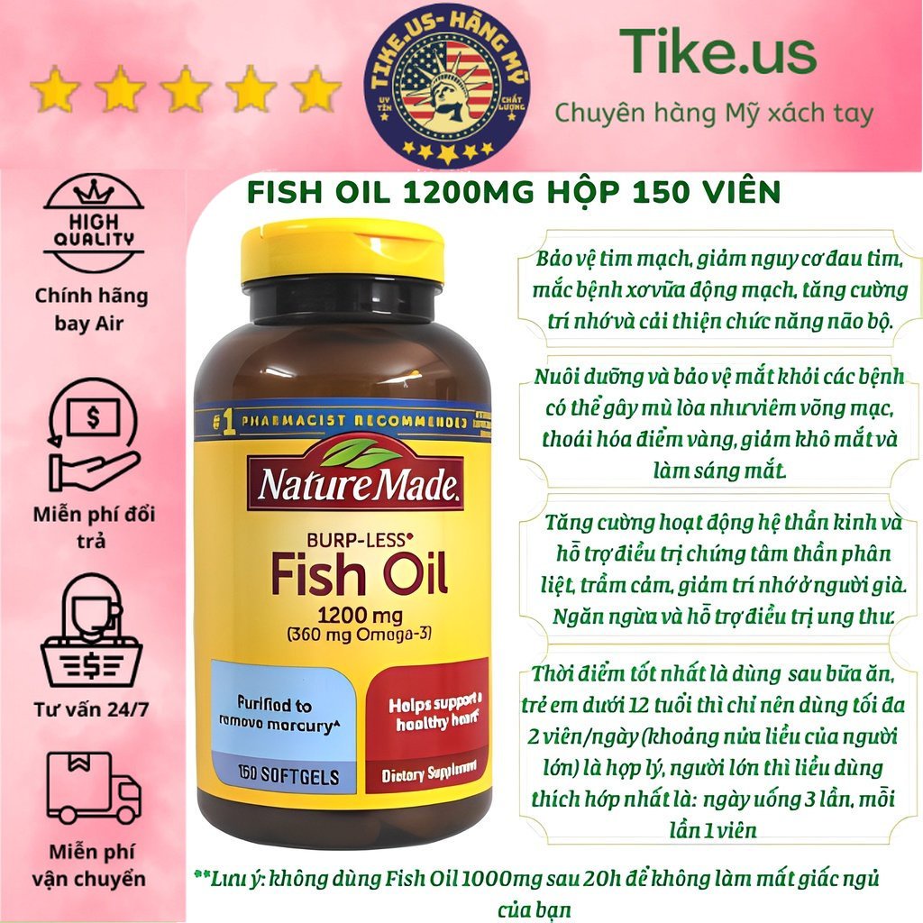 Viên uống Dầu Cá Nature Made Fish Oil 1200mg 360mg Omega 3 150 viên