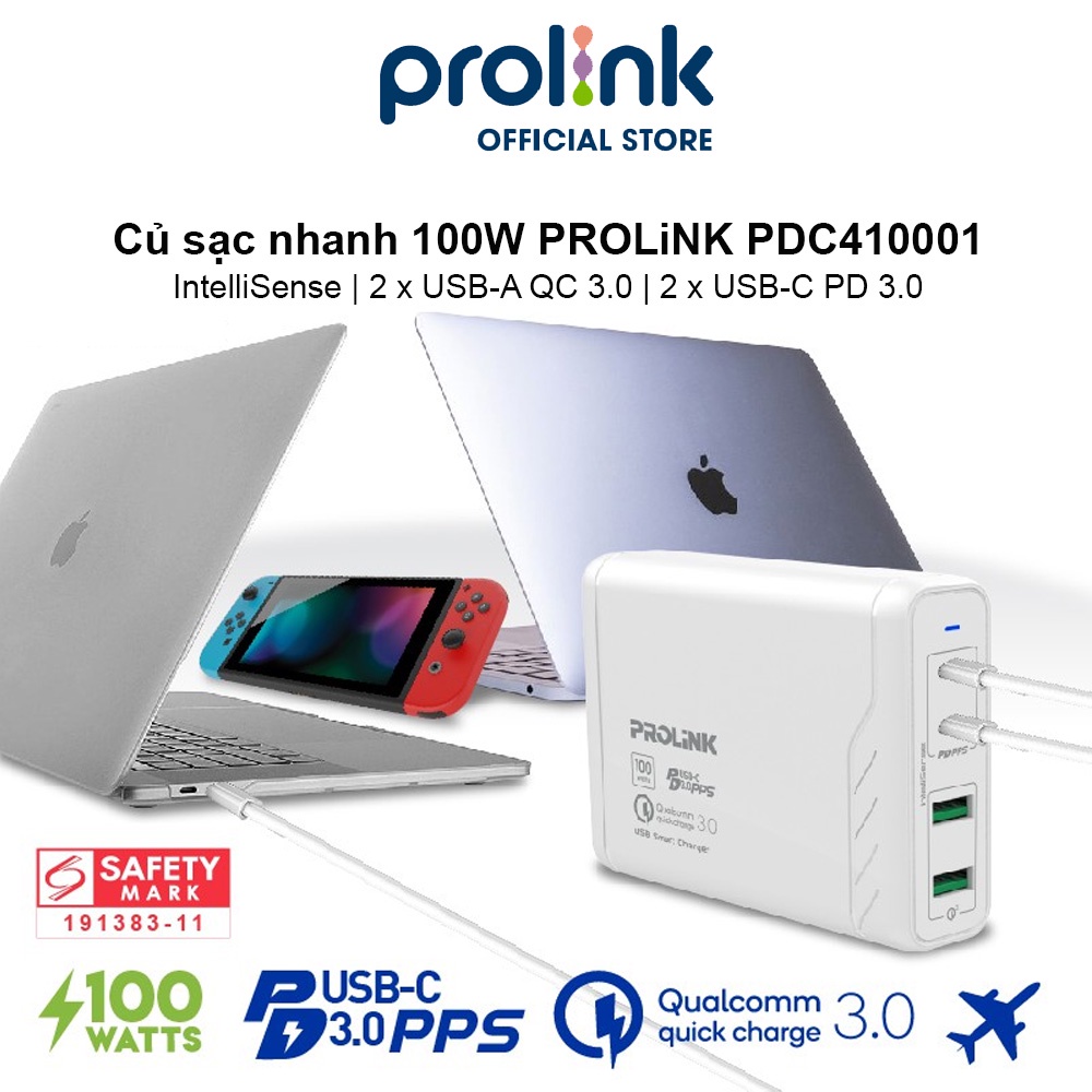 Củ sạc nhanh 100W PROLiNK PDC410001, 4 cổng (2xUSB-A QC 3.0 & 2xUSB-C PD 3.0) IntelliSense, sạc điện thoại, laptop