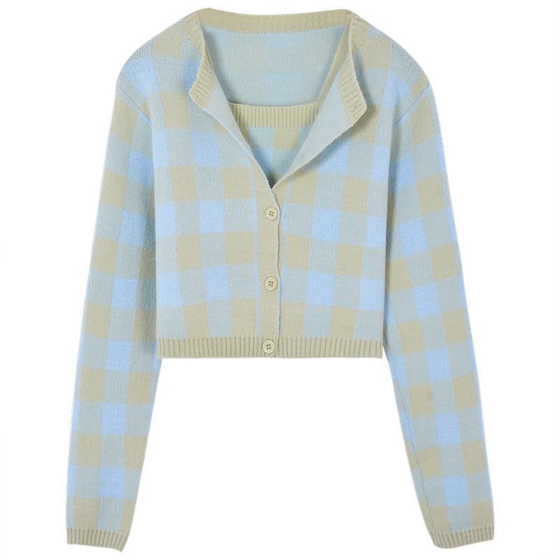 Set Áo Len Tay Dài Sọc Caro + Áo Khoác Ghi Lê Thời Trang Nữ