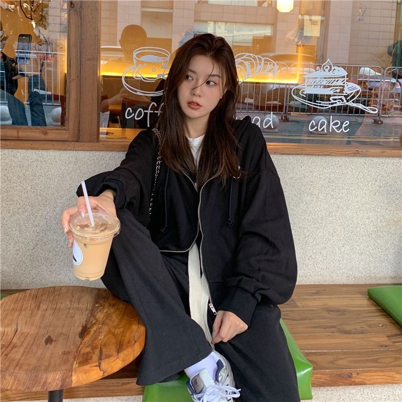 Áo khoác hoodie thể thao SUXI tay dài dáng rộng thêu họa tiết xinh xắn dễ phối đồ thời trang xuân thu cho nữ