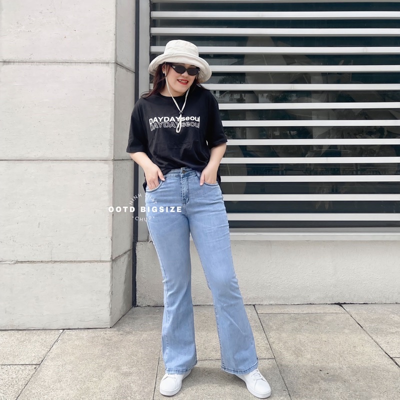 Quần jean big size nữ ống loe cạp cao xanh nhạt (OOTD BIGSIZE 60-90KG)