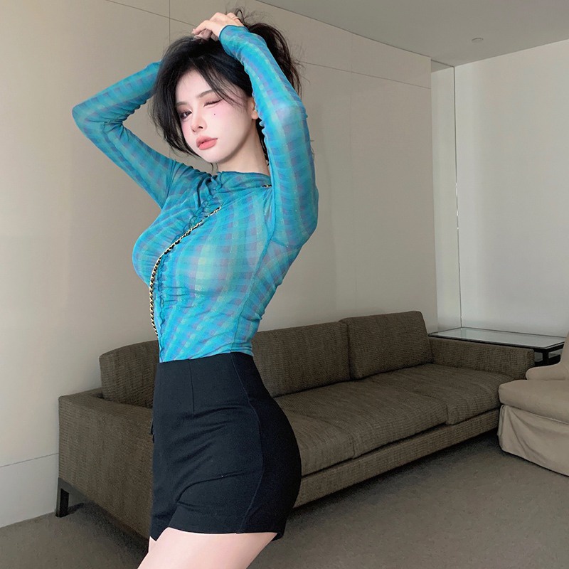 Áo Lưới Tay Dài Cổ Lọ Trong Suốt Thời Trang Mùa Hè Phong Cách Hàn Quốc