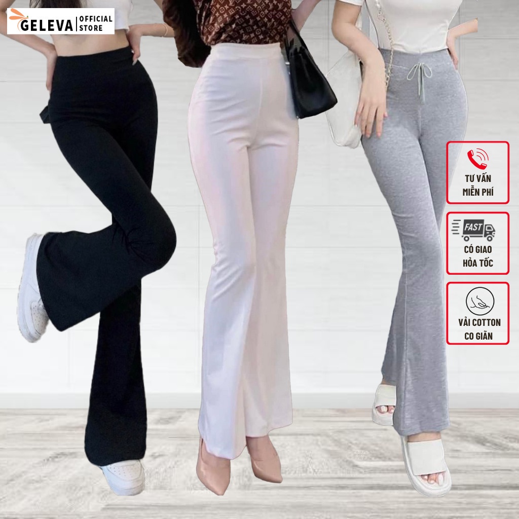 Quần ống loe nữ cạp chun lưng cao dáng legging màu đen trắng vải thun co giãn Geleva LEG429