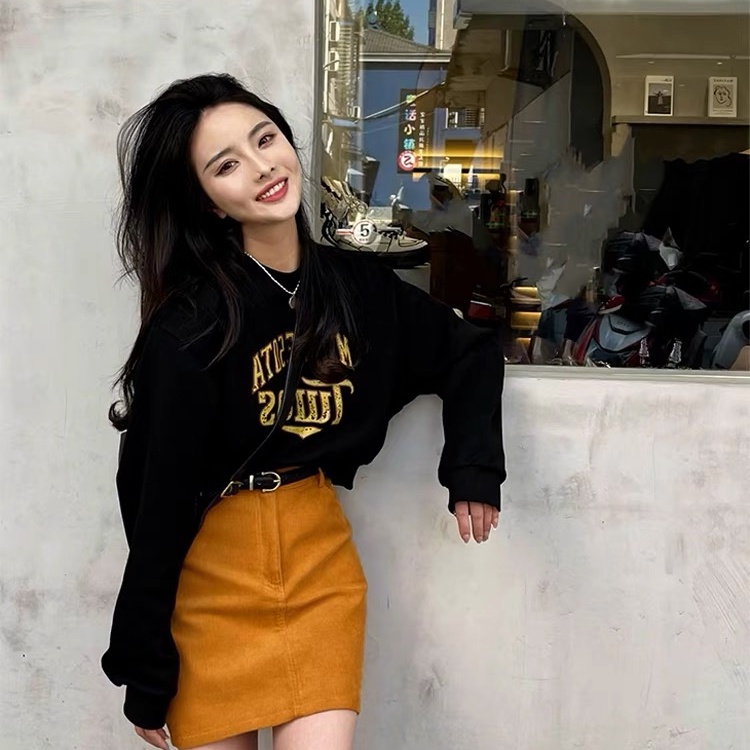 SUXI Áo Hoodie Lửng Dài Tay In Chữ Phong Cách Hàn Quốc