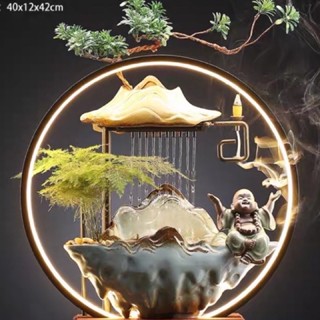 Tiểu cảnh thác nước, thác khói trầm hương phong thủy , có đài phun nước tự động kèm đèn LED cao cấp để bàn