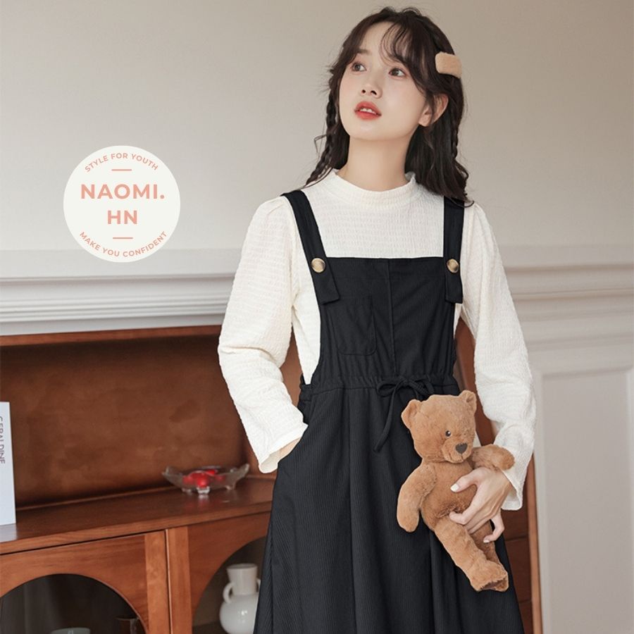 Váy yếm 2 dây bản to form rộng NHUNG TĂM BUỘC EO dáng xòe, váy yếm gân tăm nữ dáng dài rộng nhung tăm babydoll