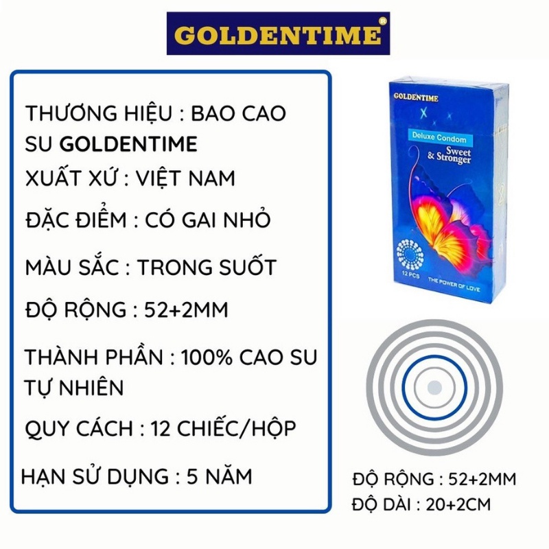 Bao cao su gai bi liti Goldentime chính hãng nhiều gel bôi trơn Hộp 12 bao SACUCO GD1