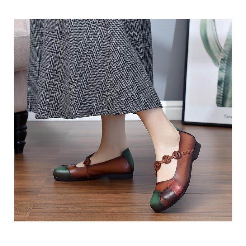 Giày Búp Bê Da Mềm Đế Bằng Phối Khóa Gỗ Co Giãn Họa Tiết Thổ Cẩm Dễ Thương Cho Nữ