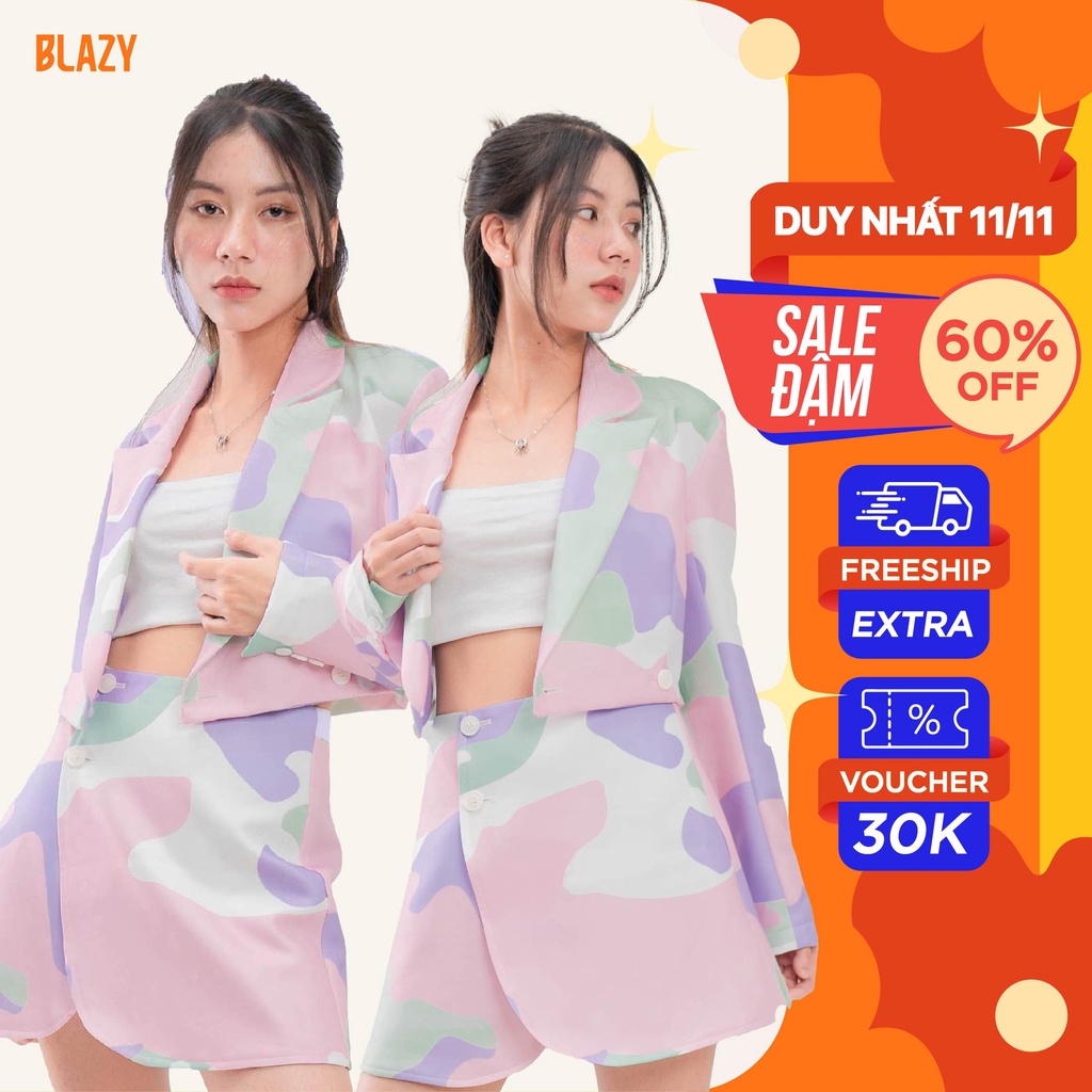 Set Áo Blazer Nữ Croptop Camo Dài Tay Kèm Chân Váy BLAZY - Chất Vải Kaki Dày Dặn, Chống Nhăn, Phong Cách Hàn Quốc