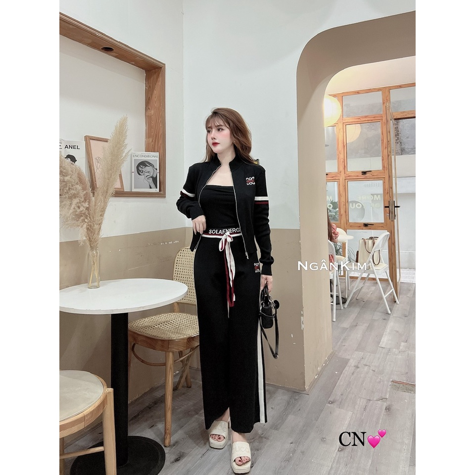 Set len khoá thêu ngực + quần ống suông