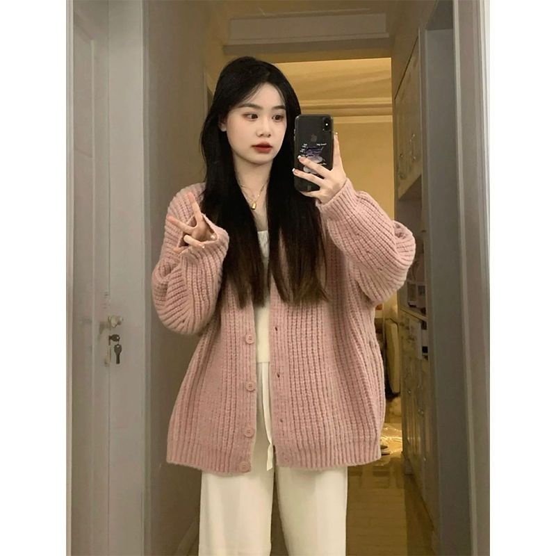 Jiashucheng Áo Khoác Cardigan Dệt Kim Dáng Rộng Mềm Mại Màu Hồng Sáp Phong Cách Preppy Ngọt Ngào Mùa Thu Đông Cho Nữ Sinh