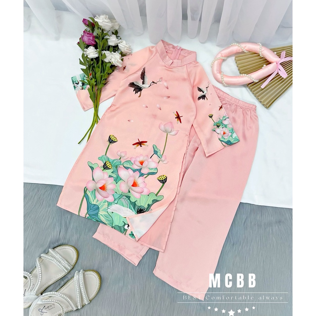 MCBB 21-45 Kg Tặng Mấn Vải Lụa Bộ Áo Dài Bé Gái Áo Dài Truyền Thống Cho Bé Gái Satin Thời Trang Nữ Quần Áo Bé Gái Trẻ Em