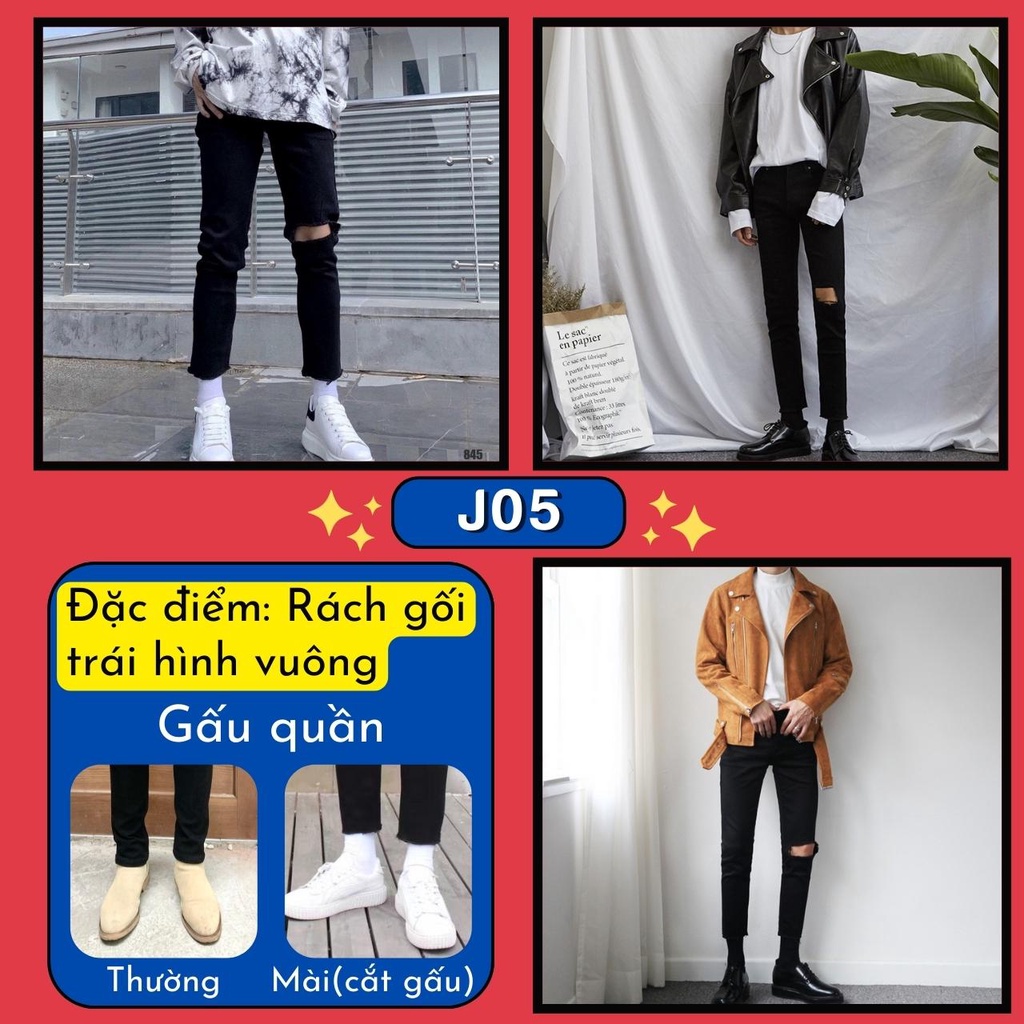 Quần Jean Nam Đen Trơn Và Rách Gối Vải Co Giãn 4 Chiều, Không Phai Màu, Không Xù Dáng Skinny Phong Cách Hàn Quốc