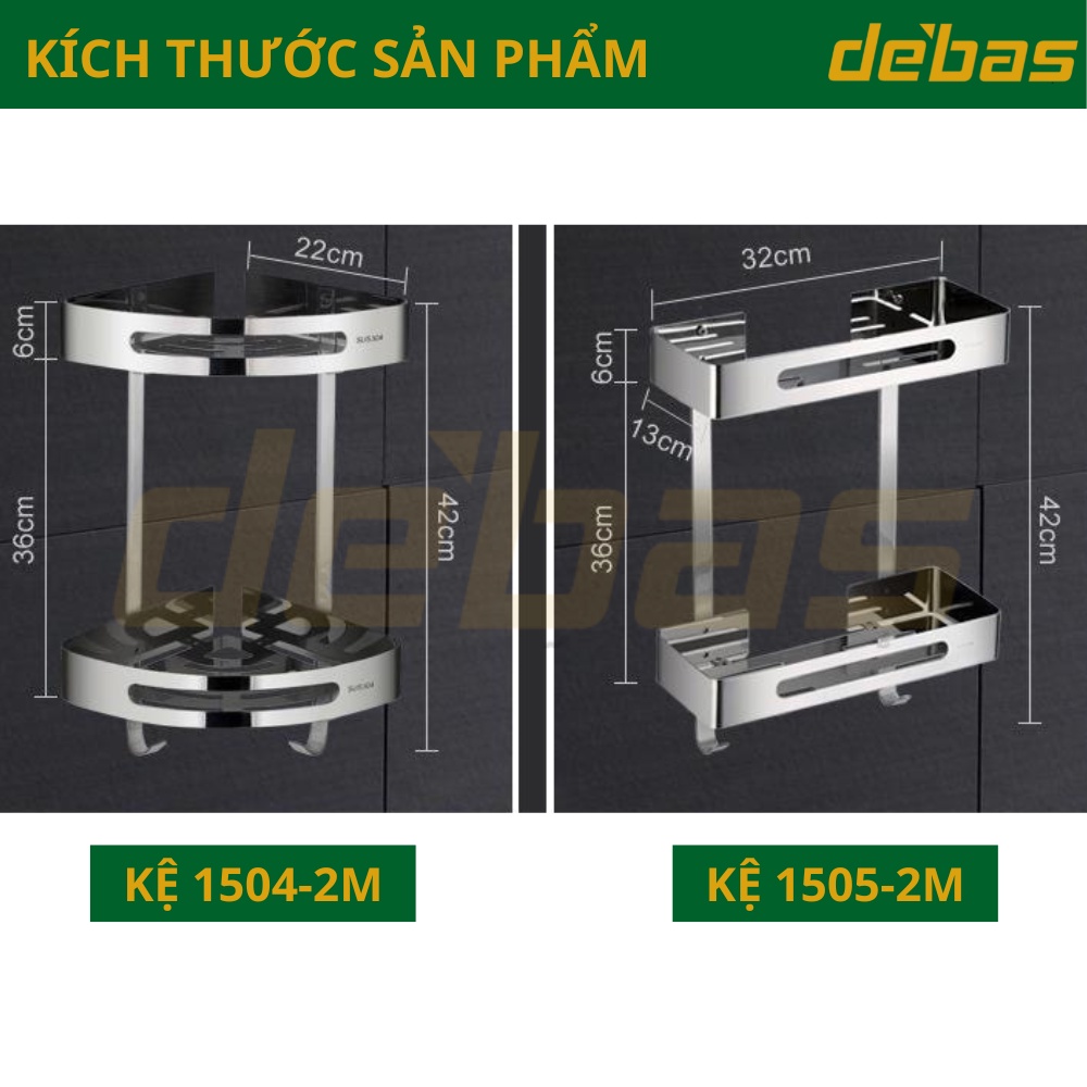 Kệ đựng đồ nhà tắm cao cấp inox sus304 kệ thẳng nhà tắm gắn tường có móc treo đồ Debas 1502M 1503M 1504M